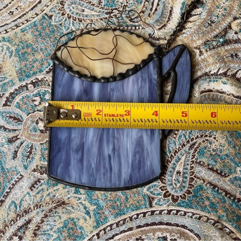 Stained Glass Coffee Cup Suncatcher Blue Mug Window Hanging Kitchen Decor